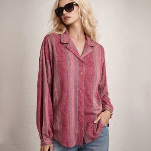Vintage Plus Size Appeal Pink Stripe Button Down Blouse Granny Retro